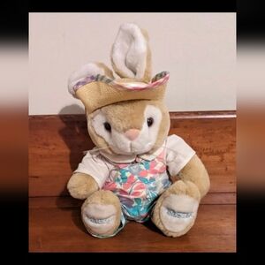 HAPPY EASTER Tan Bunny Rabbit Wearing Overalls & Straw Hat Plush Toy
